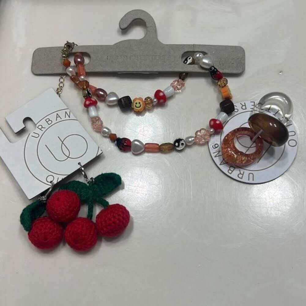 Urban outfitters retro jewelry cherry crochet earrings retro chunky rings beaded